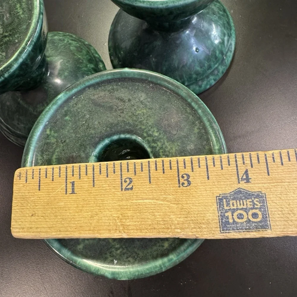 Vintage Gail Pittman Pottery Taper or Pillar Candle Holder Green  Signed Set 3‎